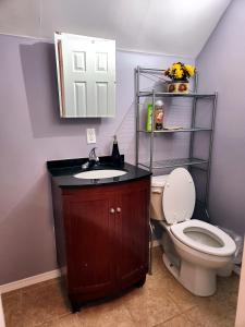 La salle de bains est pourvue de toilettes, d'un lavabo et d'un miroir. dans l'établissement Winnipeg Place to Stay, à Winnipeg
