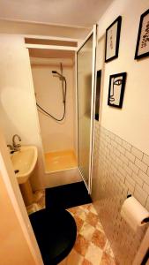 een badkamer met een douche en een wastafel bij Floß /Sistemich in Hoek