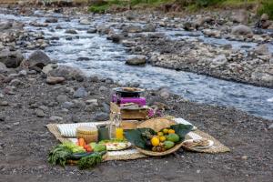 a picnic with fruits and vegetables on the ground next to a stream at Natya River Sidemen in Silebeng