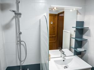 ein Badezimmer mit Waschbecken und Dusche mit Spiegel in der Unterkunft Chalet cosy à Châtel - 2 pièces, 4 pers, WiFi, Animaux admis, Parking - FR-1-676-166 in Châtel