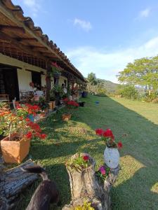 una casa con flores y plantas en un patio en Mirador Escondido del Chicamocha a 22km de Barichara, en Villanueva