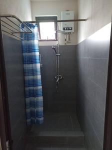 W łazience znajduje się prysznic z niebieską zasłoną prysznicową. w obiekcie Peaceful house and environment w mieście Souillac