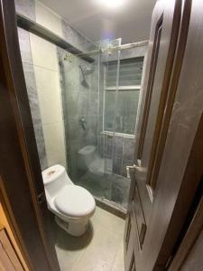 クエンカにあるBonito apartamento remodelado en excelente sectorの小さなバスルーム(トイレ、シャワー付)