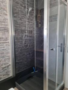 y baño con ducha y puerta de cristal. en Sainte Cécile: appartement 2ch 6/7 pers, en Camiers