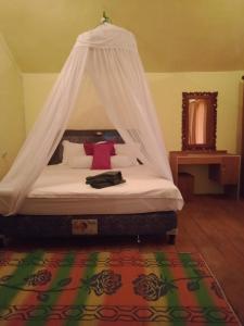 a bedroom with a bed with a mosquito net at Why Not Bar And Bungalows #2 in Pawenang