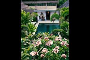 een luchtzicht op een huis met een zwembad en bloemen bij Rascals Hotel - Adults Only in Kuta Lombok