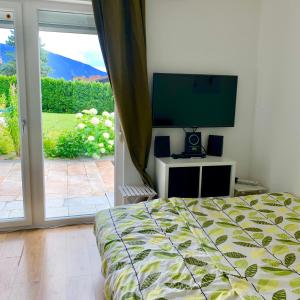 1 dormitorio con 1 cama, TV y puerta corredera de cristal en The Mountain View Innsbruck, en Innsbruck