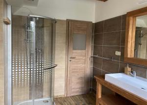 a bathroom with a shower and a sink and a toilet at Apartmány Stará Voda in Stará Voda