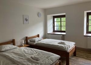 sypialnia z 2 łóżkami i 2 oknami w obiekcie Apartmány Stará Voda w mieście Stará Voda