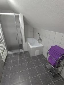 La petite salle de bains est pourvue d'une douche et d'un lavabo. dans l'établissement Ubytovanie v súkromí Horec, à Liptovský Mikuláš