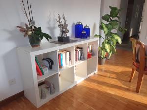 un estante de libros blanco en una habitación con libros en Charming Penthouse near Como lake en Chiasso