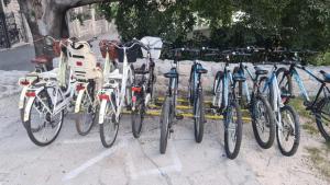 Ein Haufen Fahrräder, die in einem Regal geparkt sind. in der Unterkunft Villa Andrea Apartments with parking in Kotor