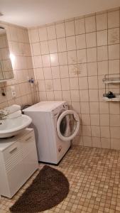 ein Badezimmer mit Waschmaschine und Waschbecken in der Unterkunft Ferienwohnung Itzgrundruhe in Untermerzbach