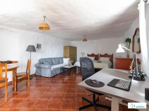sala de estar con sofá y escritorio con ordenador en Living Artenara - CAVE HOUSE & SILENCE Adults Only, en Artenara