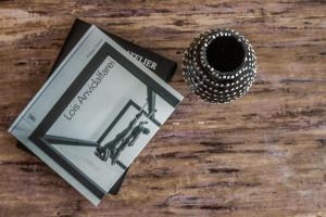 a book and a cup on a wooden table at Appartamenti Residence Ada in San Cassiano