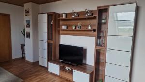 ein Wohnzimmer mit einem TV und einem Bücherregal in der Unterkunft Melle Ferienwohnung in Melle