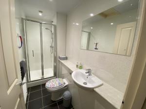 a bathroom with a sink and a shower and a toilet at MMR Flats in Carlisle