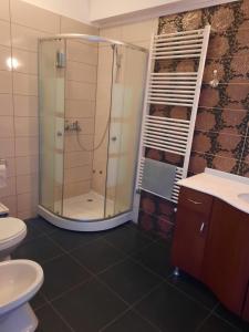 een badkamer met een douche en een toilet bij Pensiunea Corbeanca - cazare si evenimente in Corbeanca