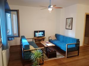 a living room with a blue couch and a tv at Sava apartment in Novi Sad
