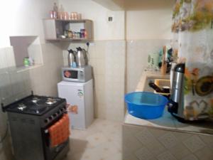 a small kitchen with a stove and a sink at Pelia Rose Guesthouse in Kisumu