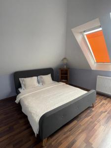 a bedroom with a large bed with a skylight at Palank Apartman in Mosonmagyaróvár