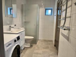 a bathroom with a toilet sink and a washing machine at Salmons väg Funäsdalen in Funäsdalen +53 photos
