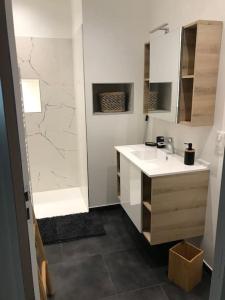 a white bathroom with a sink and a shower at Superbe appartement plein centre in Millau +15 photos
