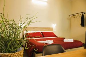 a bedroom with a bed with red sheets and a plant at Elegante Suite con giardino in centro storico in Pavia