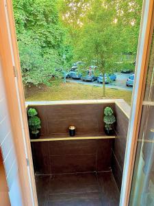 una ventana con dos plantas sentadas en un estante en Exotic spa, en Poissy