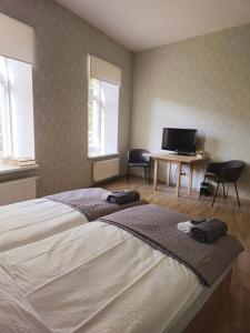 een slaapkamer met een bed, een bureau en een televisie bij Neiroprakse Mini Hotel in Daugavpils