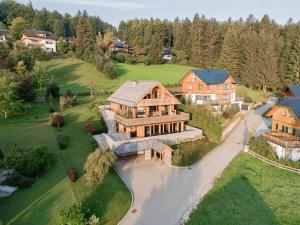 an aerial view of a large house in the woods at Villa Seeblick - Your Austrian Home in Altaussee