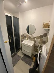 a bathroom with a sink and a mirror at A 50 m de la plage, appartement de 35 m2 : Les pieds salés in Bréhal