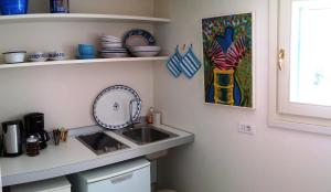 トッリ・デル・ベーナコにあるMINI DI LUSSO CON PISCINAのキッチン(シンク、棚の上に皿付)