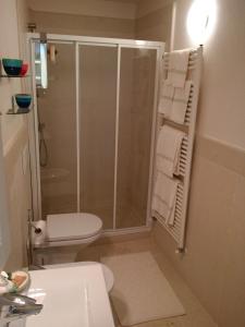 トッリ・デル・ベーナコにあるMINI DI LUSSO CON PISCINAのシャワー、トイレ、洗面台を備えたバスルーム