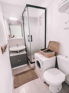 uma casa de banho branca com um WC e um lavatório em La Casita ,Appartement face à l’étang em Le Barcarès