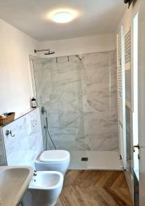 ein Bad mit einer Dusche, einem WC und einem Waschbecken in der Unterkunft Casa Rocca in Roccaforte Mondovì