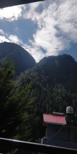 a view of a mountain with trees and a building at Pineview Hostel and Cafe in Kasol
