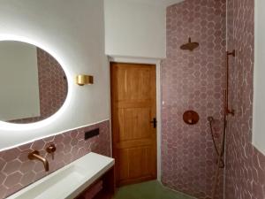 a bathroom with a sink and a mirror and a shower at De Kerck - bijzonder overnachten in Middelburg