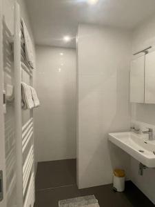 a white bathroom with a sink and a mirror at New Central Apartments Westbahnhof in Vienna