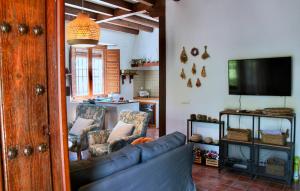 a living room with a couch and a tv at Casa Rural La Joyona in Los Navalucillos