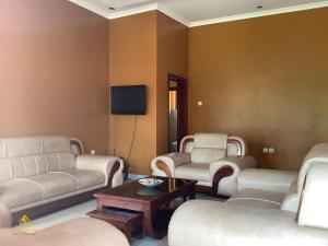 a living room with couches and chairs and a tv at Pleasant Rusororo in Kigali