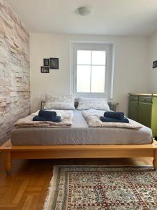 ein Schlafzimmer mit einem großen Bett mit zwei Kissen darauf in der Unterkunft Bludenz Apartments RosaKlein-30m2 & RubinaGross-100m2 in Bludenz