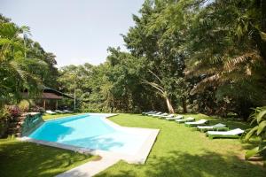 a swimming pool with lounge chairs next to a yard at Dik Dik Hotel in Arusha