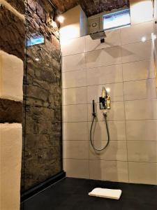 a bathroom with a shower with a hose on a wall at Historical Luxury Homes - Stadtvilla in Freiburg im Breisgau