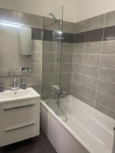 a bathroom with a shower and a tub and a sink at Le Cocon Urbain *T2* + Parking in Orléans