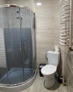 uma casa de banho com um WC e uma cabina de duche em vidro. em FORREST hotel em Bukovel