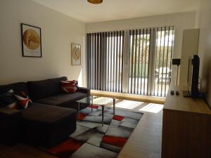 ein Wohnzimmer mit einem Sofa und einem TV in der Unterkunft Bel appartement moderne avec patio à Saint-Michel (Bordeaux) in Bordeaux