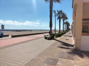 um passeio ao lado de uma praia com palmeiras e um edifício em Sol y playa em Puçol