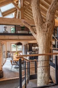 a large tree in the middle of a room with a table at Chalet Le Pourquoi Pas in La Bresse