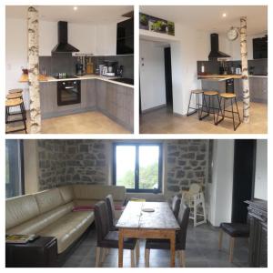 cocina y sala de estar con sofá y mesa en LE MASSIF - Appartement avec vue imprenable, en La Bresse